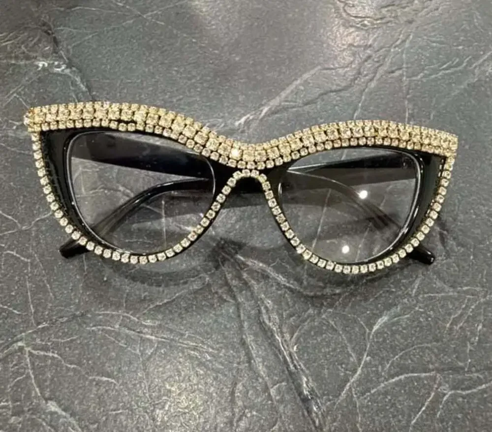 Cat Eye Rhinestone Embellished Black Frame Glasses
